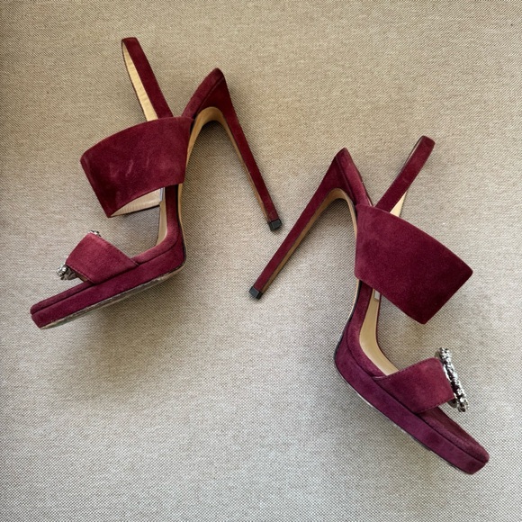 JIMMY CHOO Size SAPHIE Burgundy Suede Crystal Heels Sandals Shoes EU 37 US 7 - Picture 10 of 15